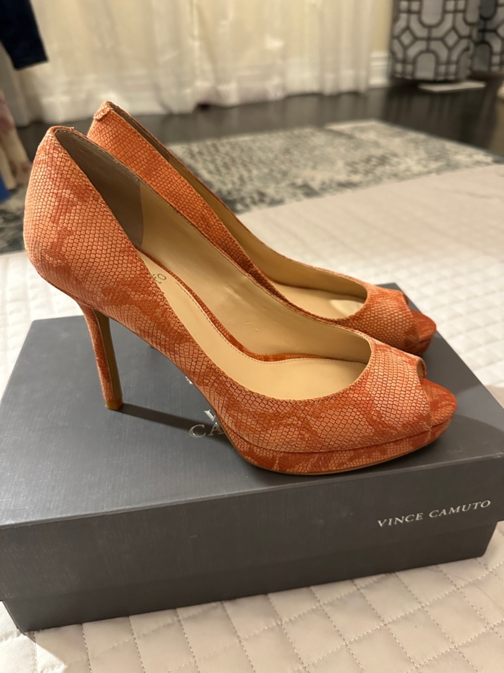 Vince Camuto Orange Snake-Print Peep Toe Heels